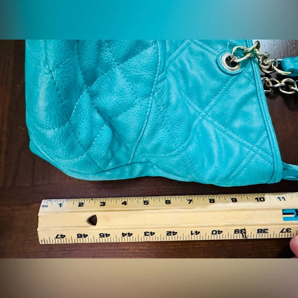 Big Buddha Turquoise Quilted Floral Glam Bag with Gold Chain Accents Luxury - Picture 10 of 16